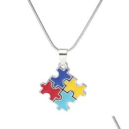 Pendant Necklaces Puzzle Women Men Cross Classic Square Design Colorf Enamel Red Blue Autistic Unisex Gift Jewellery With Sier Snake D Dh0Oj