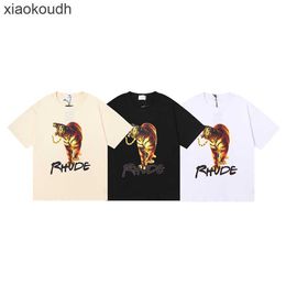 Rhude High end designer clothes for Small Fashion Angeles Tiger Print Short Sleeve T-shirt Fashion Mens and Womens Loose Undercoat T-shirt With 1:1 original labels
