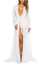 Women Chiffon Bikini Cover Ups Loose Long Sleeve Deep V Neck See-through Wrapped Dress Sexy Lace-up Front Swimsuit