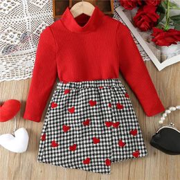 Clothing Sets 1-4years Toddler Girl Outfit Solid Colour Long Sleeve High Neck Tops With Heart Plaid Print Skirt For Girls Spring Autumn Set