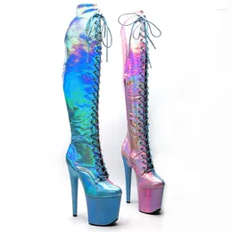 Dance Shoes Leecabe Holo Pink With Blue 20CM/8inch Pole Dancing High Heel Platform Boots Lace And Zipper