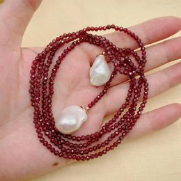 Pendants YYGEM Natural 3mm Faceted Garnet 15x20mm Cultured White Baroque Pearl Long Necklace Women Jewellery