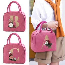 Insulated Lunch Box Women Travel Portable Camping Picnic Bag Gold Flower Letter Print Cold Food Cooler Thermal Handbag 240422