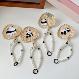 Decorative Figurines Car Rearview Mirror Decoration Embroidery Panda Cattail Leaf Fan With Faux Pearl Chain Hanging