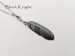 Black Knight Vintage silver color Black CZ stones Feather pendant necklace Stainless steel mens chic feather necklace BLKN07794569473