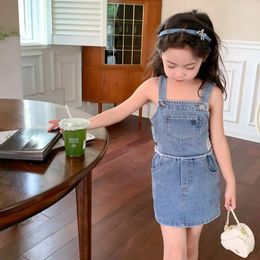 Clothing Sets Girl's Denim Strap Set Summer Korean Style Embroidered Vest Top For Baby Girls Two-piece