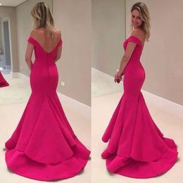 Dresses Prom Designer 2020 Fuchsia Mermaid Off The Shoulder Tiered Skirt Sweep Train Covered Buttons Back Evening Party Gowns Custom Made