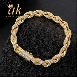 Link Bracelets Aokaishen 8MM Rope Chain Women Bracelet Real Gold Plated Hip Hop Rock Street Jewelry Iced Out Charms Items 2024 Arrivals