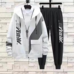 Men's Tracksuits 2Pcs/Set Simple Ankle Length Hoodie Coat Pants Zipper Placket Men Autumn Letter Print Loose Tracksuit Outfit Windproof