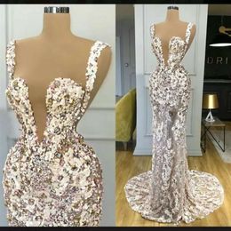 Floral Evening 3D Applique Mermaid Dresses Pearls Beaded Crystals Straps Sweep Train Custom Made Plus Size Formal Prom Party Gown Wear Vestidos