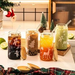 Tumblers 1PCS Christmas Glass Cup Beer Can Coffee Mugs With Lid And Straw Xmas Tree Elk Tumbler 470ML Drinking Glassware Drinkware Gifts H240506