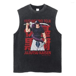 Men's Tank Tops Men Vintage Black Vest Fashion Streetwear Anime Print Unisex Casual Sleeveless Shirt Summer Cotton Washed Tees