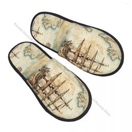 Slippers Indoor Pirate Ship On The Map Warm Home Plush Soft Fluffy