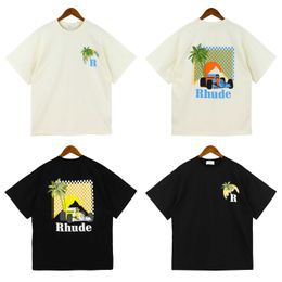 High Quality Original Rhuder Designer t Shirts Trendy Street Sunset Coconut Tree Racing Print Casual Loose Couple Short Sleeve Round Neck Tshirt with 1:1 Logo