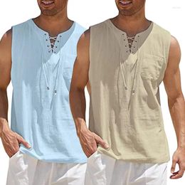 Men's Tank Tops Men Pullover Vest Waistcoat Sleeveless Top Cotton Linen Lace-Up V Neck Casual Summer Loose Streetwear 2024 Fashion