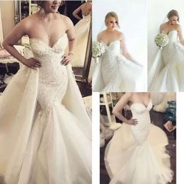 Vestidos lindos de sereia de noiva de casamento com cancelamento de tule de trem destacável Aplique decote em coração personalizado Made plus size vestido de novia