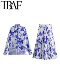 TRAF GAL Summer Woman Floral Printed Midi Long Skirt Suits Sleeve Turn Down Collar Cardigan Shirt Set Y2K Blouse Tops 240428