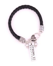 Apricot Fu White Black Leather Braided CrossFit Weight Lifting Fitness Dumbell Charm Bracelet quotStrong Is Beautifulquot8140543