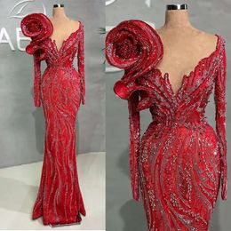 Long V-Neck Mermaid Sleeves Dresses Prom Luxurious With Big Flower Shining Beading Backless Zipper Floor Length Formal Gowns Party Wear