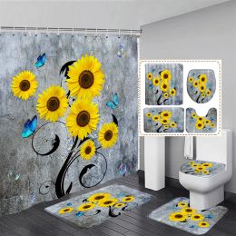 Curtains Rustic Floral Shower Curtain Set Yellow Sunflower Blue Butterfly Flowers Bathroom Decorative Floor Rug Bath Mat Toilet Lid Cover