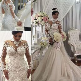Mermaid Applique Beading Dresses Lace Long Sleeves High Neck Sweep Train Custom Made Covered Buttons Wedding Gown