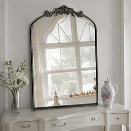Antique Arched Farmhouse Wall Mirror Window Decorative Traditional Mirror for Living Room Bedroom Entryway Bathroom Vanity - Black Finish, 24 x 36 inches
