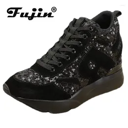 Casual Shoes Fujin10cm Air Mesh Cow Suede Genuine Leather Women Chunky Sneakers Platform Wedge Winter Spring Beathable Bling