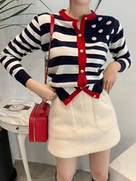 Women's Knits Autumn Striped Dot Knitted Women Cardigan Sweater Long Sleeve O-neck Single-breasted Tops Korean Vintage Elegant Woman Jumpers