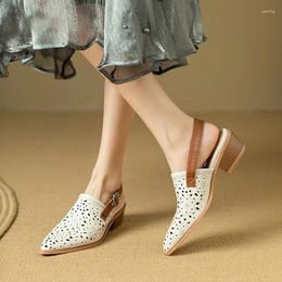 Sandals Summer Women Genuine Leather Shoes For Pointed Toe Chunky Heel Cover Slingback Hollow Beige