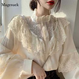 Womens Blouses Shirts Fashionable Korean lace pleated shirt womens autumn sweet loose fitting clothes vertical neckline womens top retro lace shirt womens 11335L