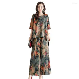 Women's Two Piece Pants 2024 Summer Plus Size Loose Set Retro Printed Student Two-piece Fashionable Wide Leg Fashion