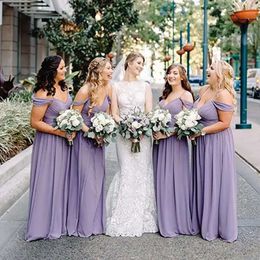 Spaghetti Bridesmaid Lilac Chiffon Dresses Straps African Floor Length Off The Shoulder Pleats Custom Made Plus Size Maid Of Honor Gown Vestidos Beach