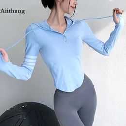 Active Shirts Aiithuug Hoodies Yoga Long Sleeve Thumb Hole Gym Tops Button Front Curvy Waist Fitness Workout Shirt Cute Top Sports