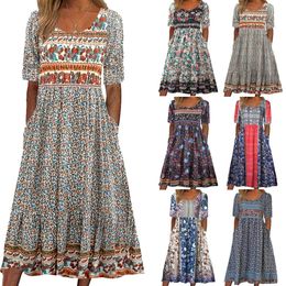 2024 European and American Summer Womens Round Neck Short Sleeve Long Dress Bohemian Print 240419