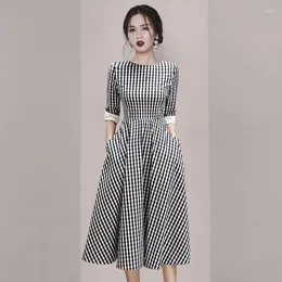 Casual Dresses Women Western Style Large Swing Skirt 2024 Summer Houndstooth Short Sleeve Dress Vestido De Mujer