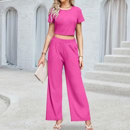 Women's Tracksuits Clothing Group Ribbed Short Top 2 Piece Pants Sets Loose Harajuku Cotton Knit Sleeve For Summer 2024