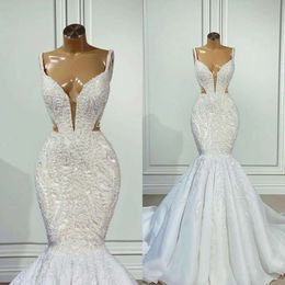 Spaghetti Dresses Mermaid Beaded Wedding Straps Bridal Gown Organza Illusion Sweep Train Custom Made Plus Size Castle Beach Vestido De Novia