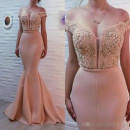 Pink Elegant Dresses Crystal Beaded Bridesmaid Blush Off The Shoulder Mermaid Sweep Train Maid Of Honor Gown Custom Made Plus Size