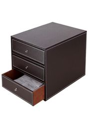 3 Layers Wood Leather Desk Set Filing Cabinet Storage Drawer Box Office Organizer Document Container Holder Black ZA46376981632