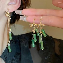 Dangle Earrings Minar Retro Green Colour Resin Bamboo Joint Leaves Simulated Pearl Long Tassel For Women Gold Copper Jewellery