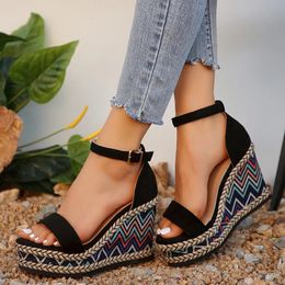 Ankle Strap Wedge Sandals for Women Super High Heels Platform Woman Summer 2024 Plus Size Striped Thick Sole Party Shoes 240425