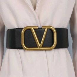Belts Wide Belt Womens Cummerbunds Cowhide Metal Large V-Shaped Buckle Dress Coat Decoration Waist Seal Waist Tight Ins Fashion Belt T240429