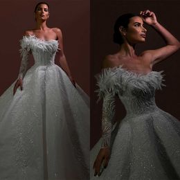 Glitzer Brautkleider Ein Schulterperlen Brautkugelkleider Langarm Pailletten Custom Made Braut Kleid Vestidos de Novia