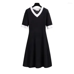 Plus Size Dresses Women L-6XL Knitted Dress Short Sleeve V Neck Elegant A Line Female Party Black Clothing Vintage