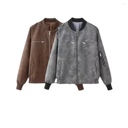 Women's Jackets 2024 Autumn Fashion Versatile Zipper Decoration Faux Leather Pilot Jacket