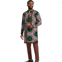 Men's Tracksuits Brown Cotton Long Sleeves Sets Patchwork Shirt Solid Pant Male Nigerian Fashion Outfits African Wedding Party Wear