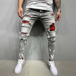 Men's Jeans Tear apart jeans mens stretch tight gray blue hip-hop jeans street jeans casual slim fit jeans mens jogging jeansL2405