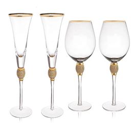 2Pcs Crystal Gold Rimmed Wine Glasses Set Elegant Rhinestone Diamond Decorative Long Stem Champagne Flutes Cocktail Glass Gifts 240429