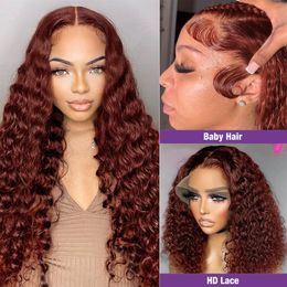 18 Inch Brazilian Glueless Reddish Brown Deep Wave Frontal Wig180 Density Copper Red Curly Simulation Human Hair Wig 13x4 HD Lace Frontal Wig