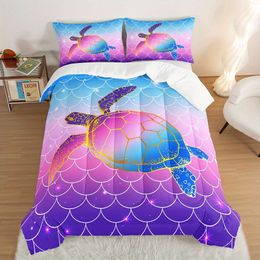 Duvet Cover 3pcs Modern Fashion Set (1*Comforter + 2*Pillowcase, Without Core), Colour Mermaid Scale Sea Turtle Print Bedding Set, Soft Comfortable And Skin-friendly